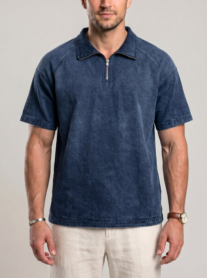KZZ Men's Loose-Fit Pure Cotton Half-Zip Polo Shirt