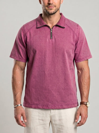 KZZ Men's Loose-Fit Pure Cotton Half-Zip Polo Shirt
