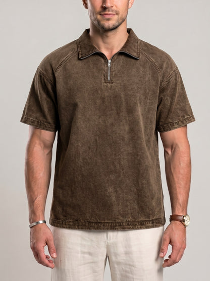 KZZ Men's Loose-Fit Pure Cotton Half-Zip Polo Shirt