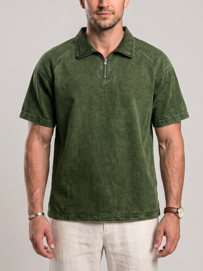 KZZ Men's Loose-Fit Pure Cotton Half-Zip Polo Shirt