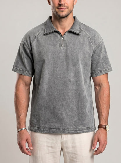 KZZ Men's Loose-Fit Pure Cotton Half-Zip Polo Shirt