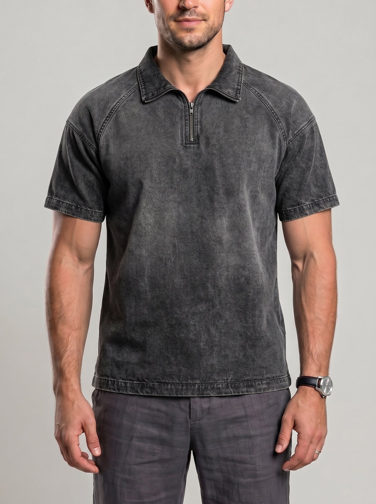 KZZ Men's Loose-Fit Pure Cotton Half-Zip Polo Shirt