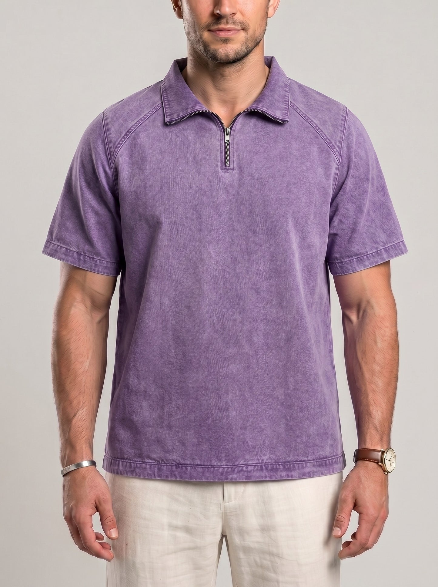 KZZ Men's Loose-Fit Pure Cotton Half-Zip Polo Shirt
