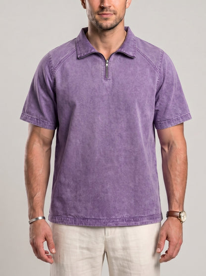 KZZ Men's Loose-Fit Pure Cotton Half-Zip Polo Shirt