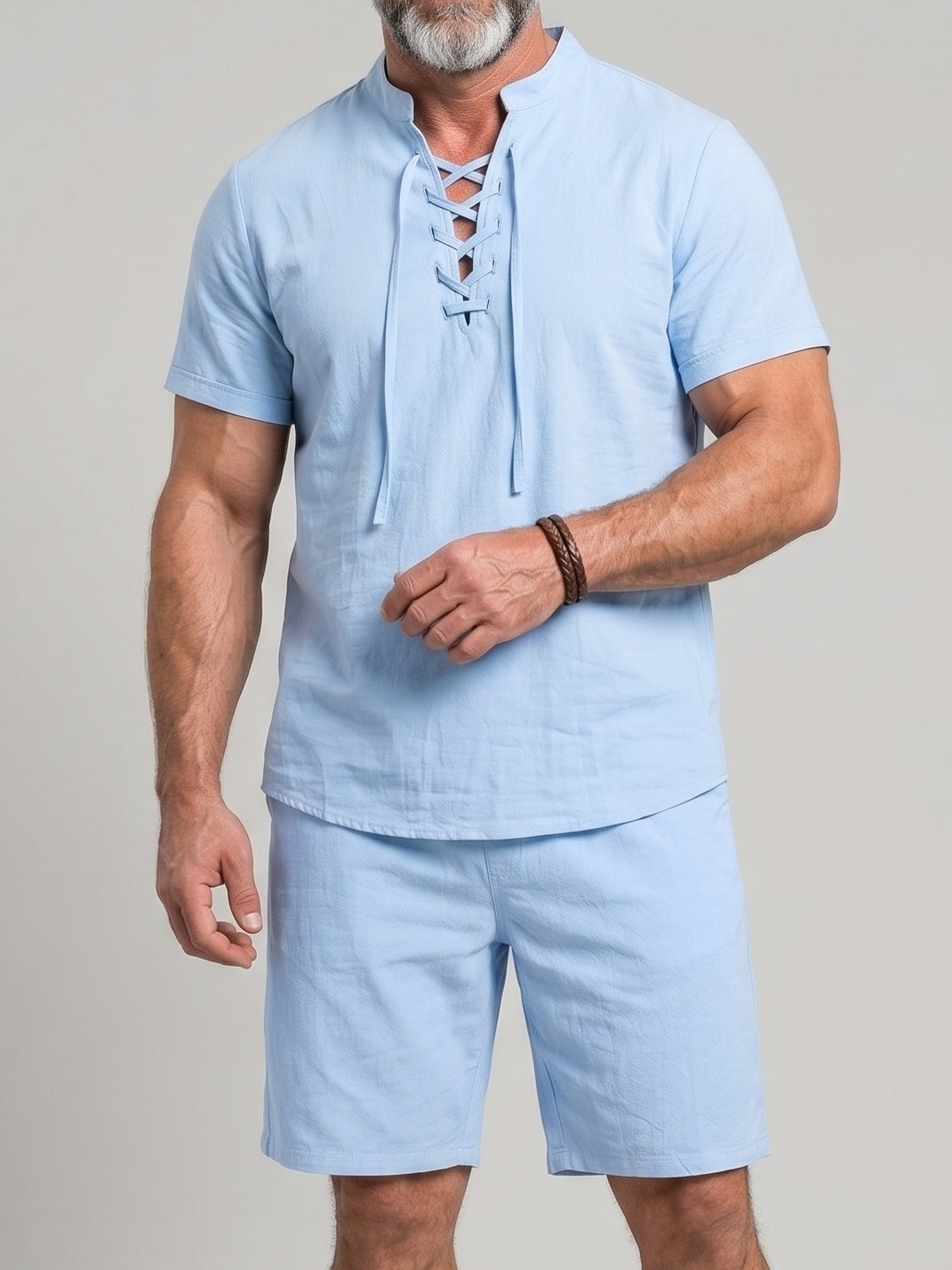 KZZ Men's Breathable Lace-Up Short-Sleeve Top and Shorts Set