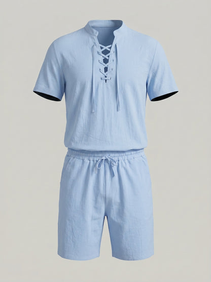 KZZ Men's Breathable Lace-Up Short-Sleeve Top and Shorts Set