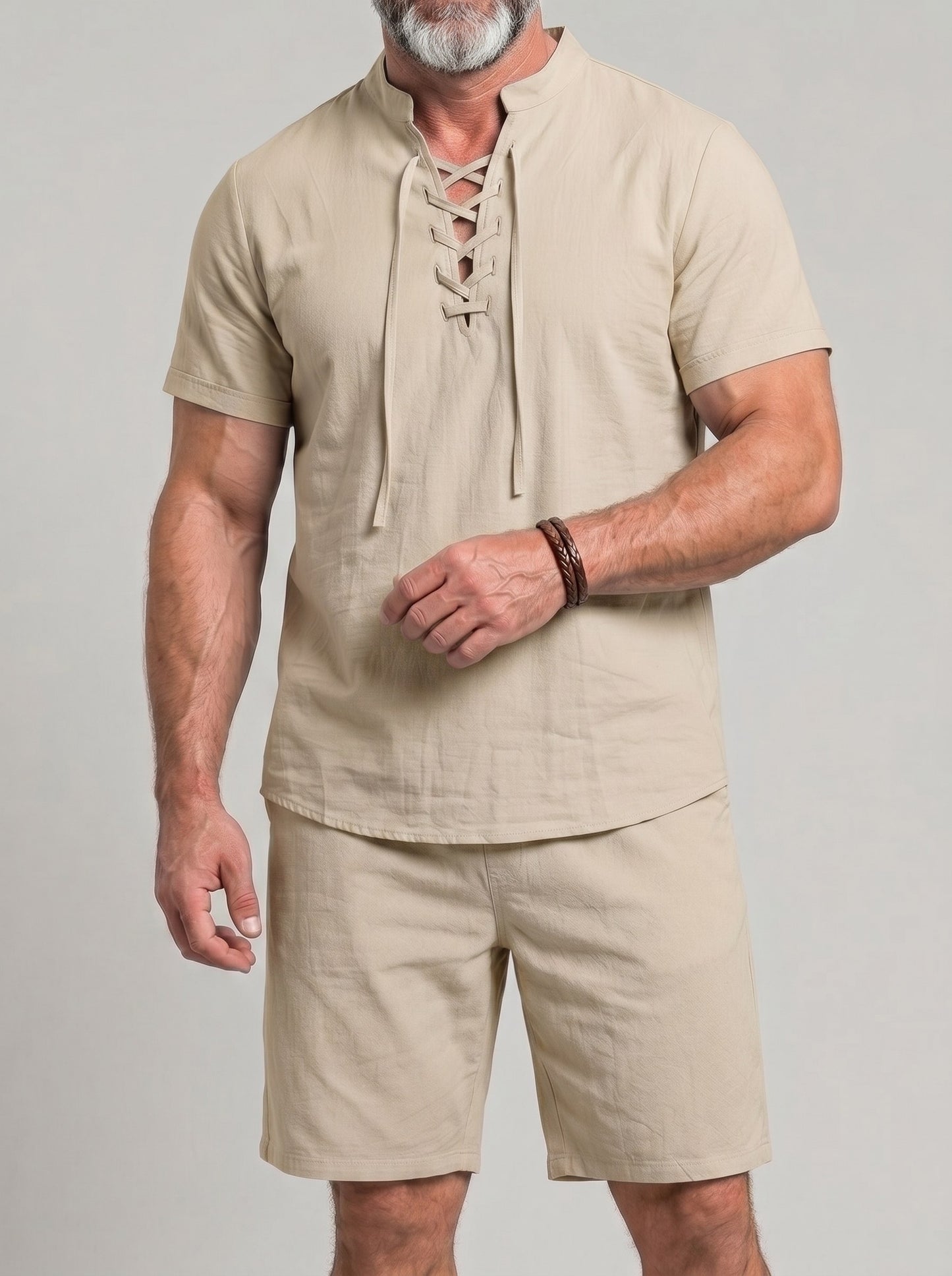 KZZ Men's Breathable Lace-Up Short-Sleeve Top and Shorts Set