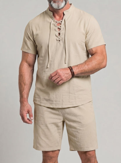 KZZ Men's Breathable Lace-Up Short-Sleeve Top and Shorts Set