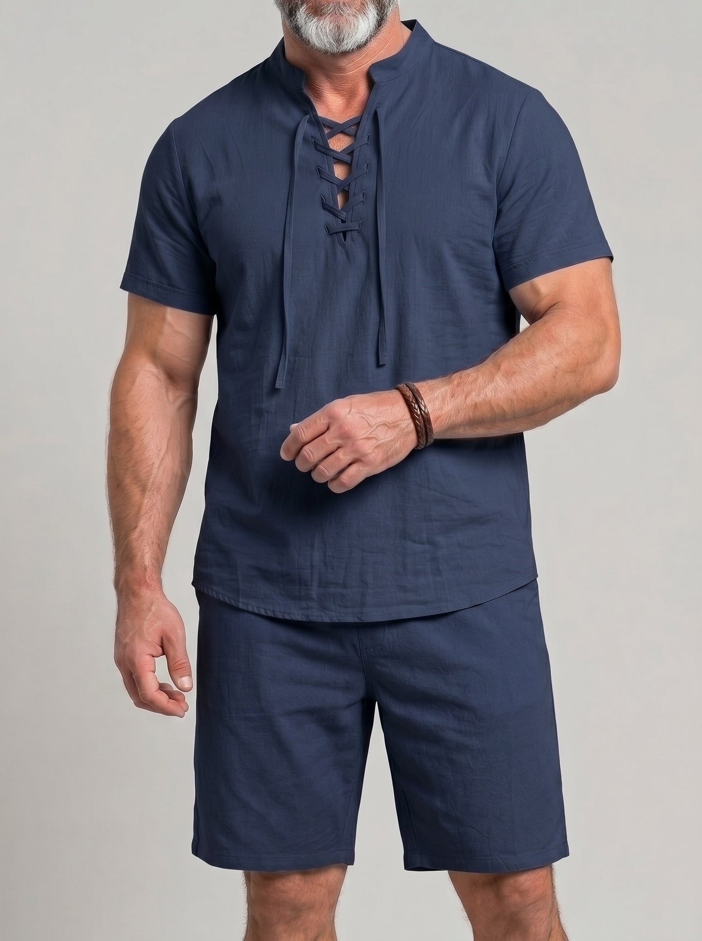 KZZ Men's Breathable Lace-Up Short-Sleeve Top and Shorts Set