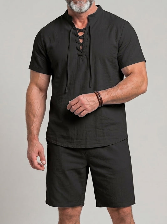 KZZ Men's Breathable Lace-Up Short-Sleeve Top and Shorts Set