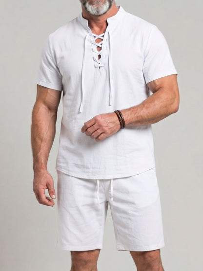 KZZ Men's Breathable Lace-Up Short-Sleeve Top and Shorts Set