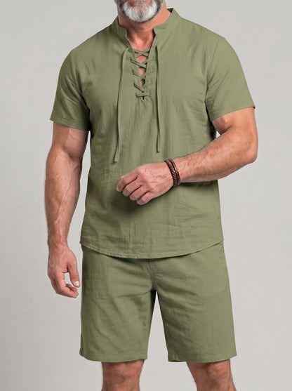 KZZ Men's Breathable Lace-Up Short-Sleeve Top and Shorts Set