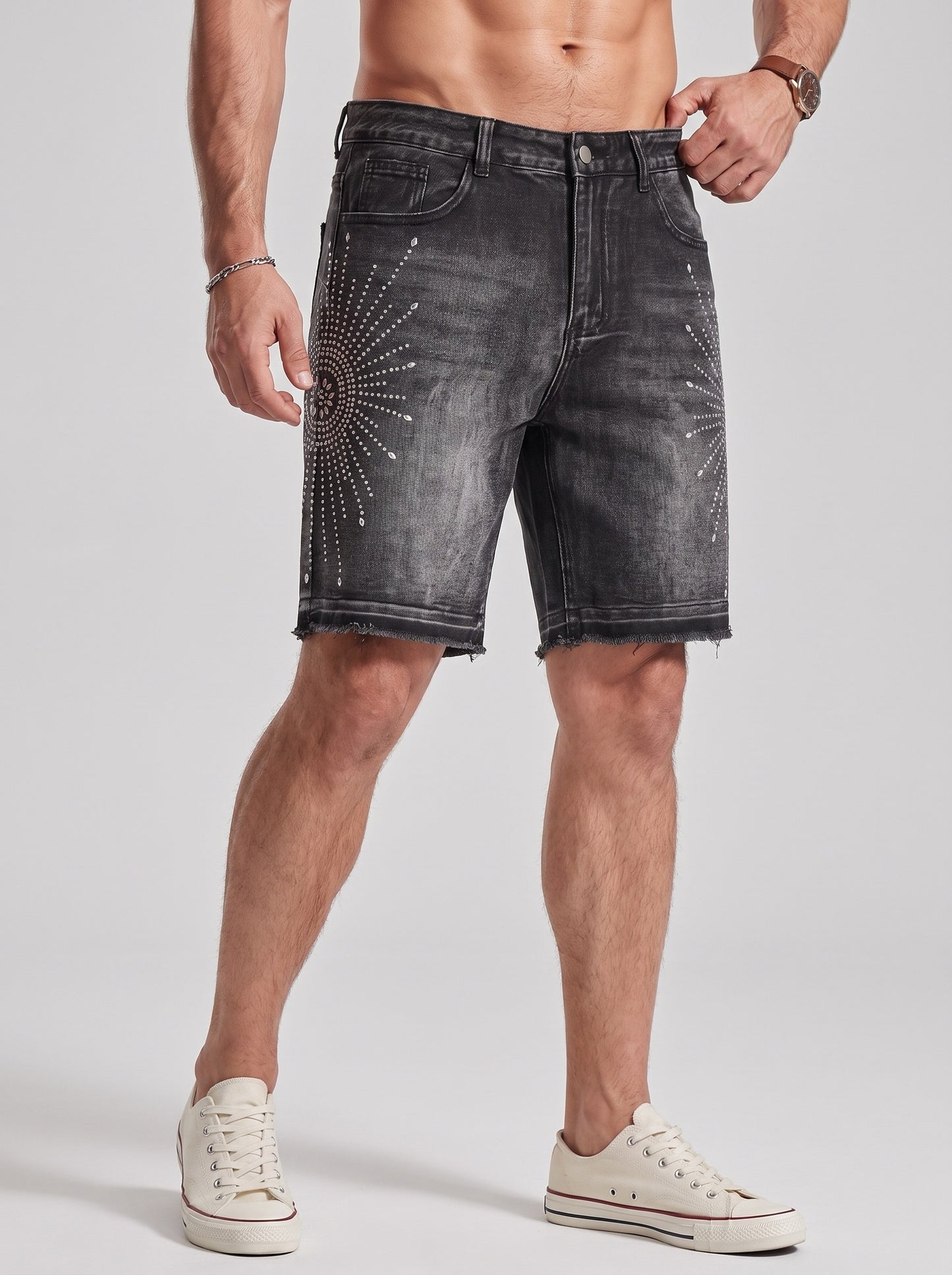 KZZ Men's Rhinestone-Embellished Denim Shorts