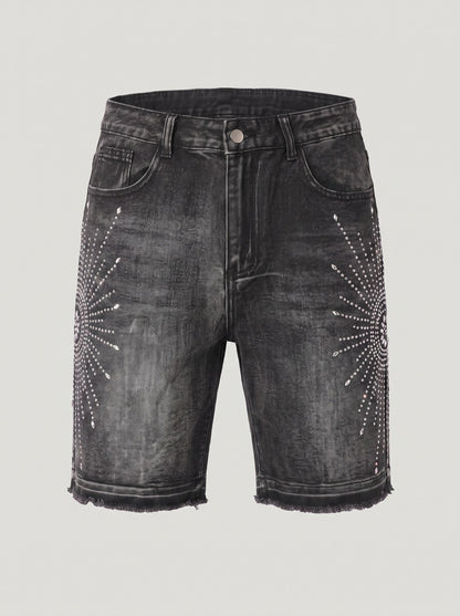 KZZ Men's Rhinestone-Embellished Denim Shorts