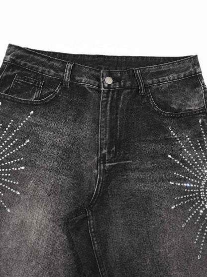 KZZ Men's Rhinestone-Embellished Denim Shorts