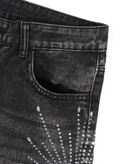 KZZ Men's Rhinestone-Embellished Denim Shorts
