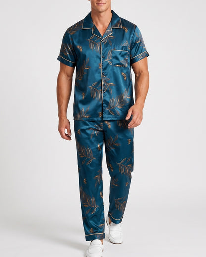 KZZ  Men's Leaf Print Short-Sleeve Pants Open-Flap Button Collar Pajama Set