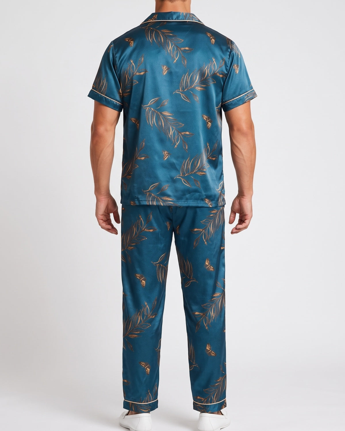 KZZ  Men's Leaf Print Short-Sleeve Pants Open-Flap Button Collar Pajama Set