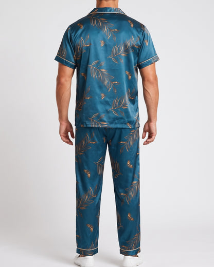 KZZ  Men's Leaf Print Short-Sleeve Pants Open-Flap Button Collar Pajama Set