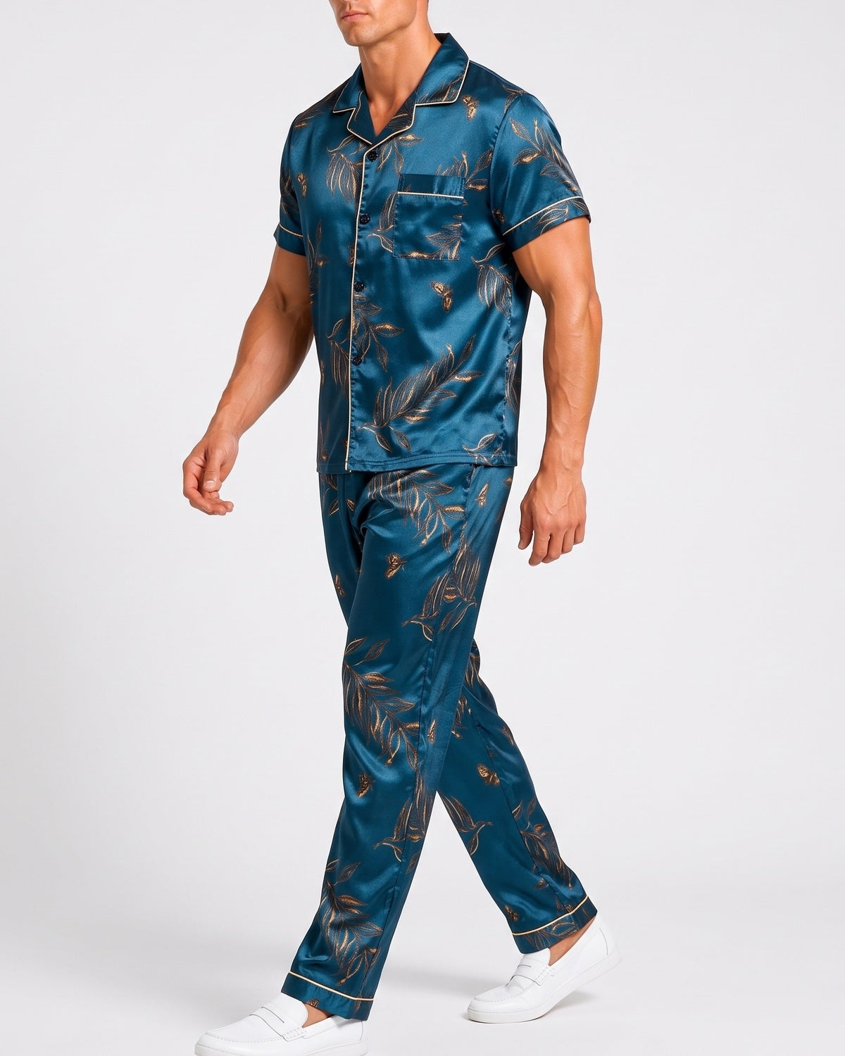 KZZ  Men's Leaf Print Short-Sleeve Pants Open-Flap Button Collar Pajama Set