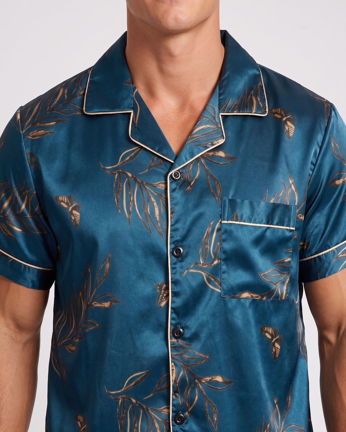 KZZ  Men's Leaf Print Short-Sleeve Pants Open-Flap Button Collar Pajama Set