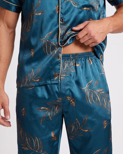 KZZ  Men's Leaf Print Short-Sleeve Pants Open-Flap Button Collar Pajama Set