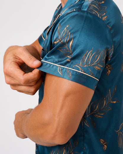 KZZ  Men's Leaf Print Short-Sleeve Pants Open-Flap Button Collar Pajama Set