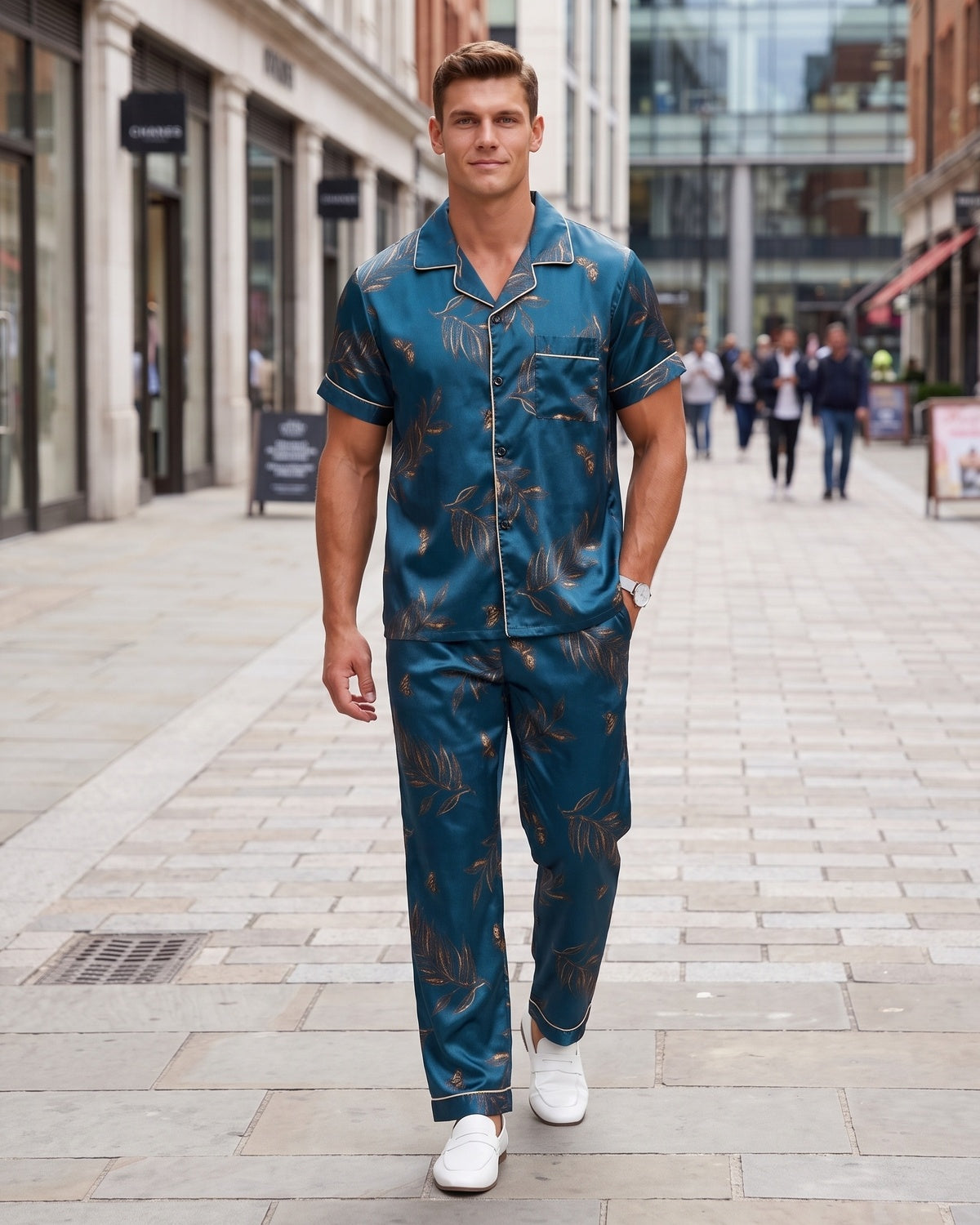 KZZ  Men's Leaf Print Short-Sleeve Pants Open-Flap Button Collar Pajama Set