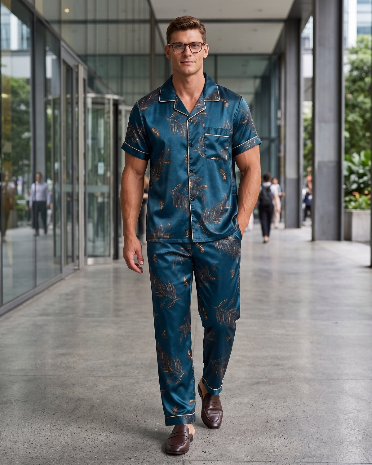 KZZ  Men's Leaf Print Short-Sleeve Pants Open-Flap Button Collar Pajama Set