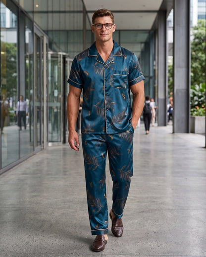 KZZ  Men's Leaf Print Short-Sleeve Pants Open-Flap Button Collar Pajama Set