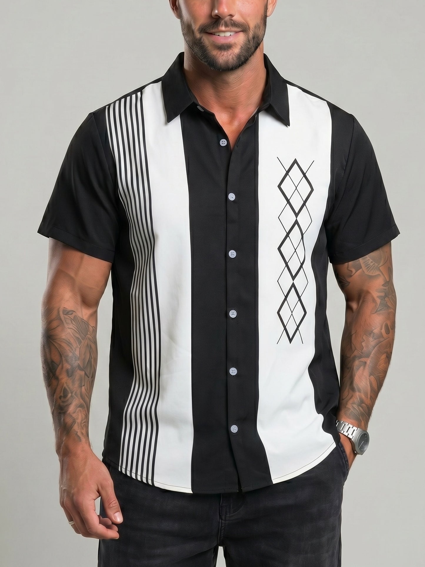 KZZ Short-sleeved shirt with a retro geometric stripe print