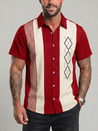 KZZ Short-sleeved shirt with a retro geometric stripe print