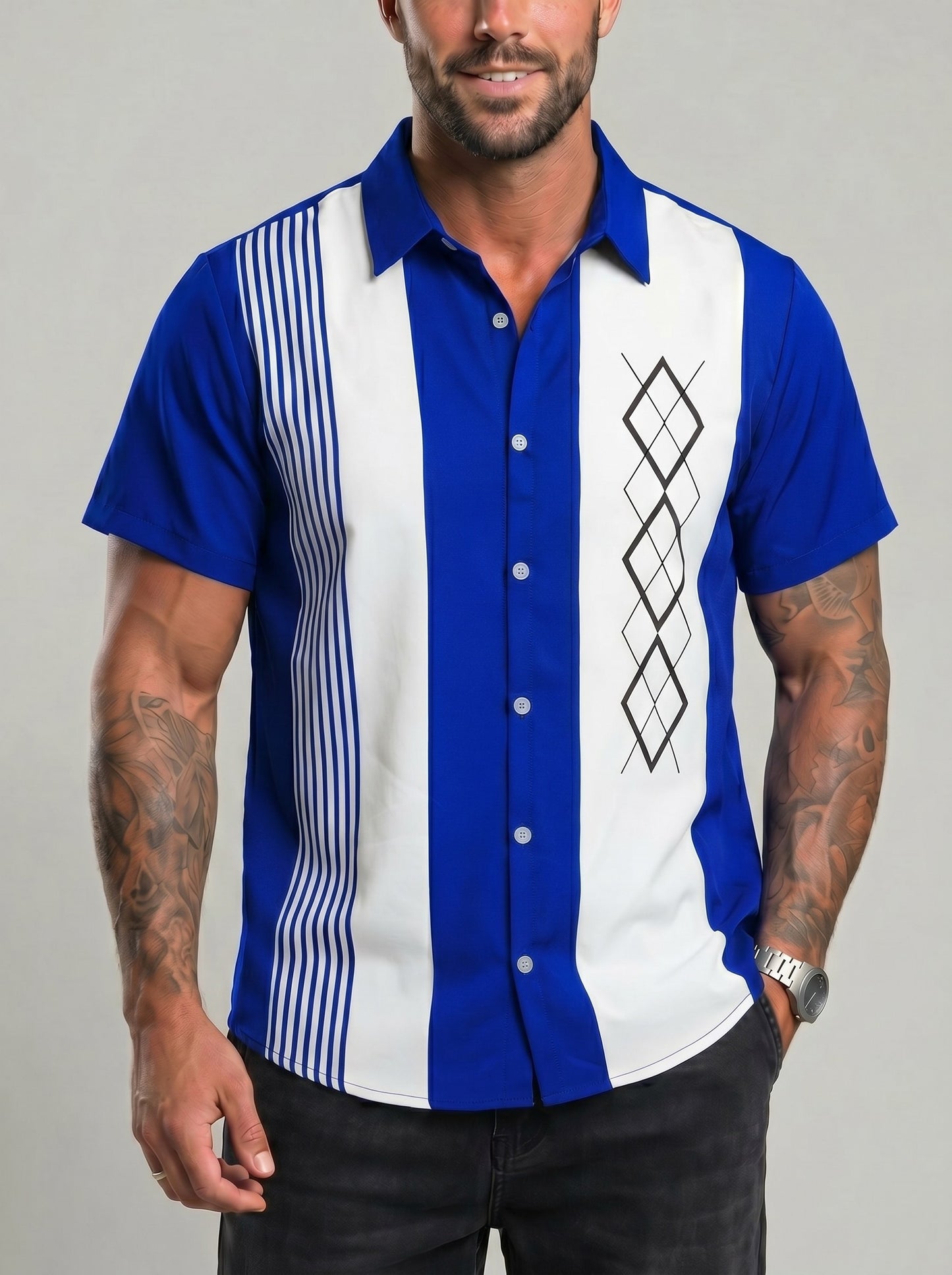 KZZ Short-sleeved shirt with a retro geometric stripe print