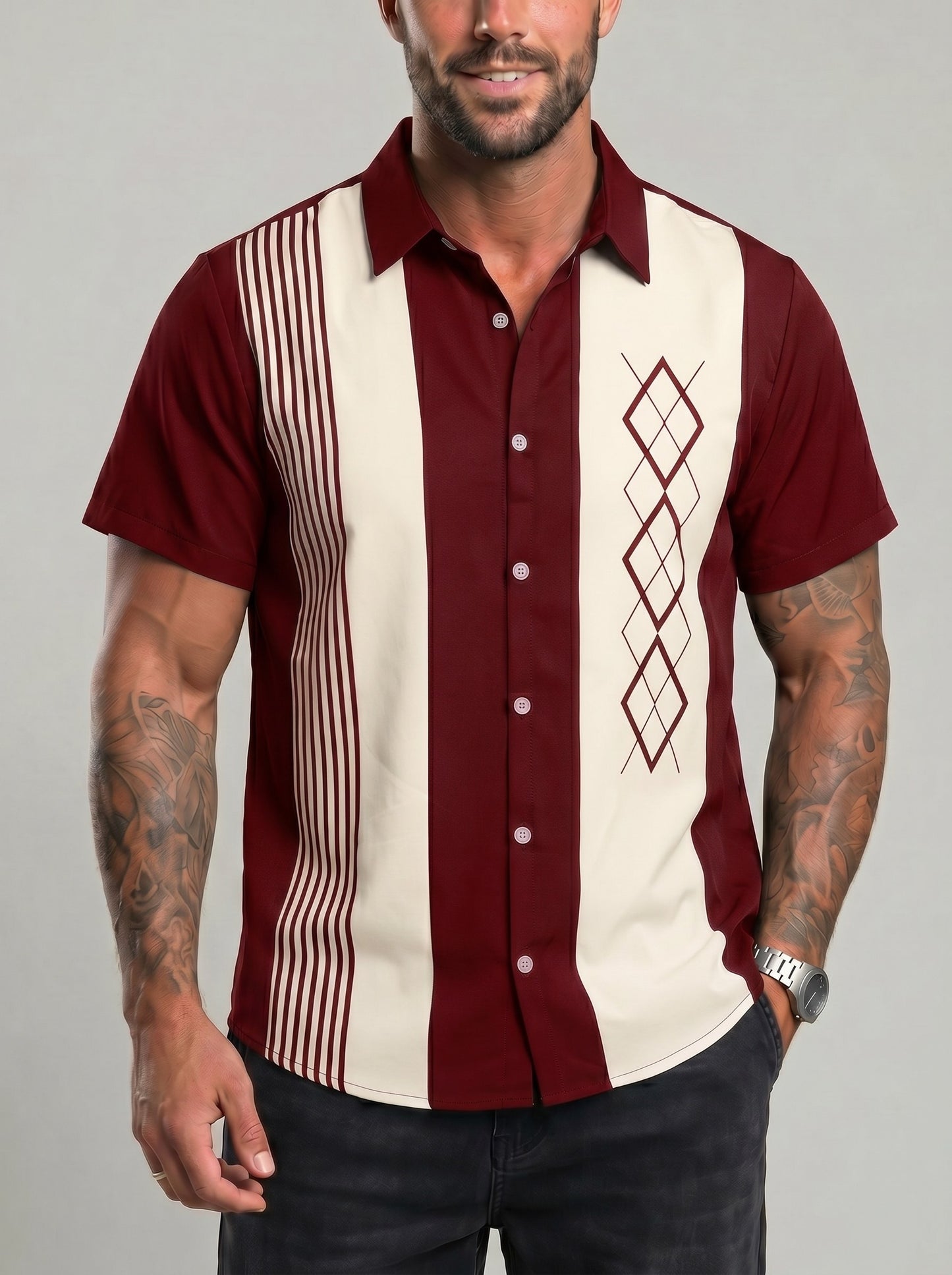 KZZ Short-sleeved shirt with a retro geometric stripe print
