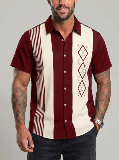 KZZ Short-sleeved shirt with a retro geometric stripe print