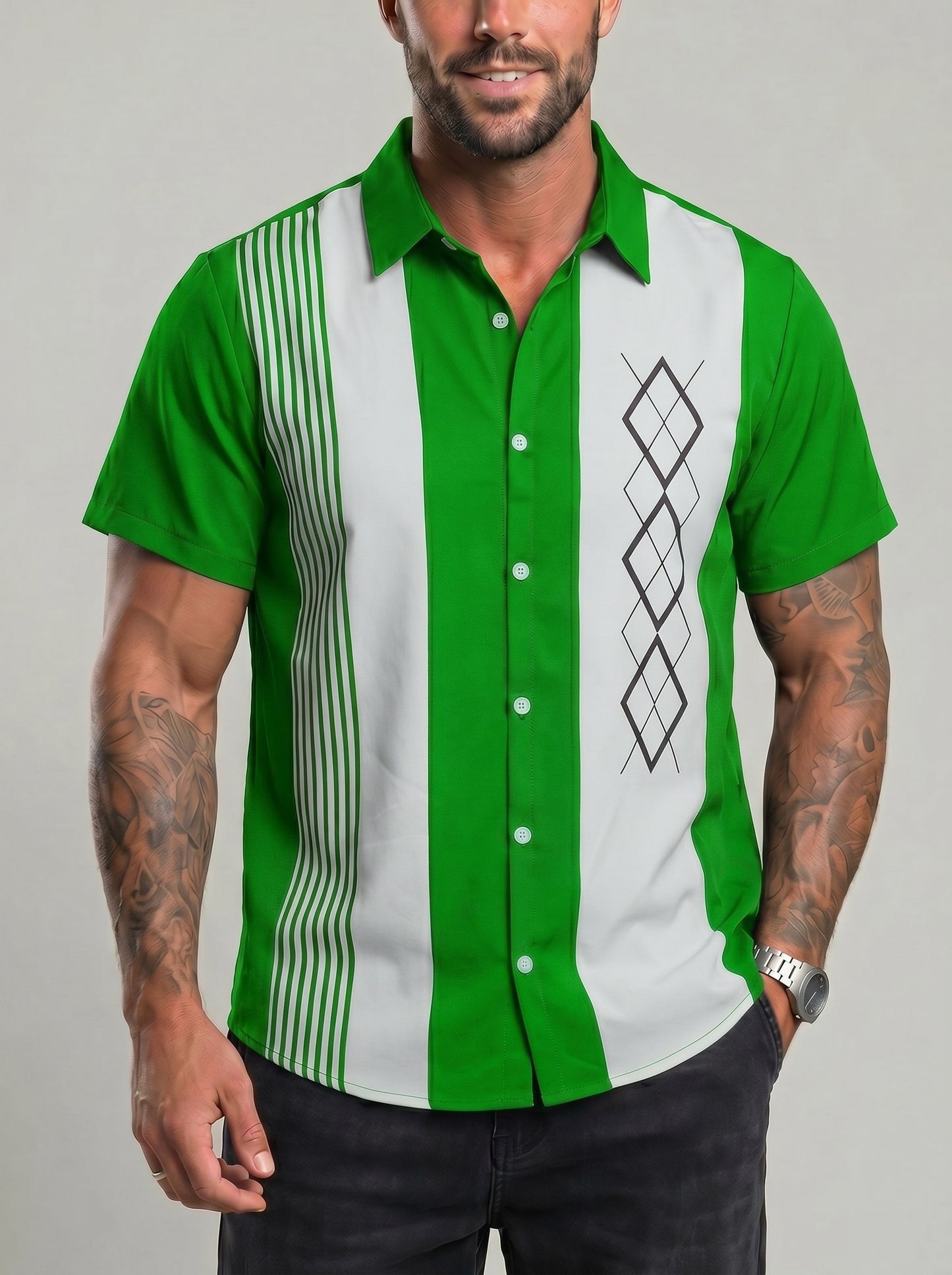 KZZ Short-sleeved shirt with a retro geometric stripe print