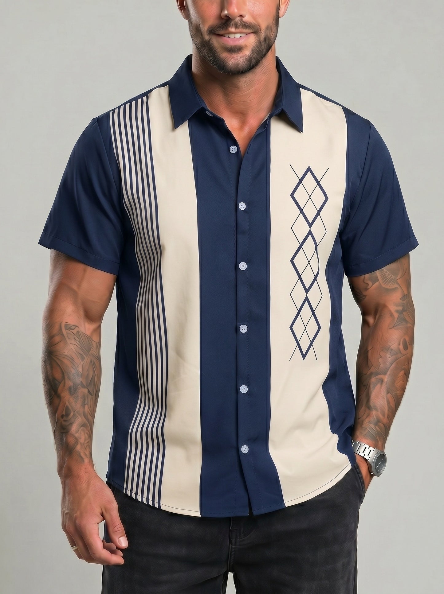 KZZ Short-sleeved shirt with a retro geometric stripe print