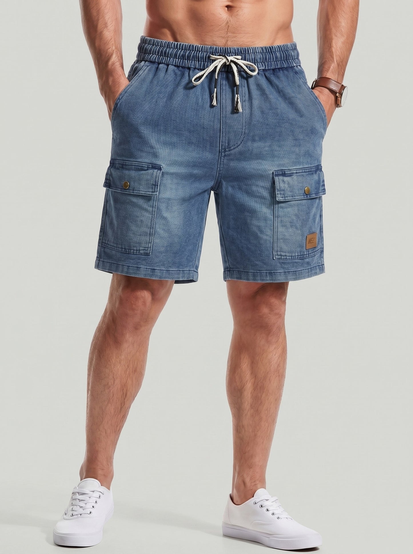 KZZ Men's Washed Denim Utility Shorts