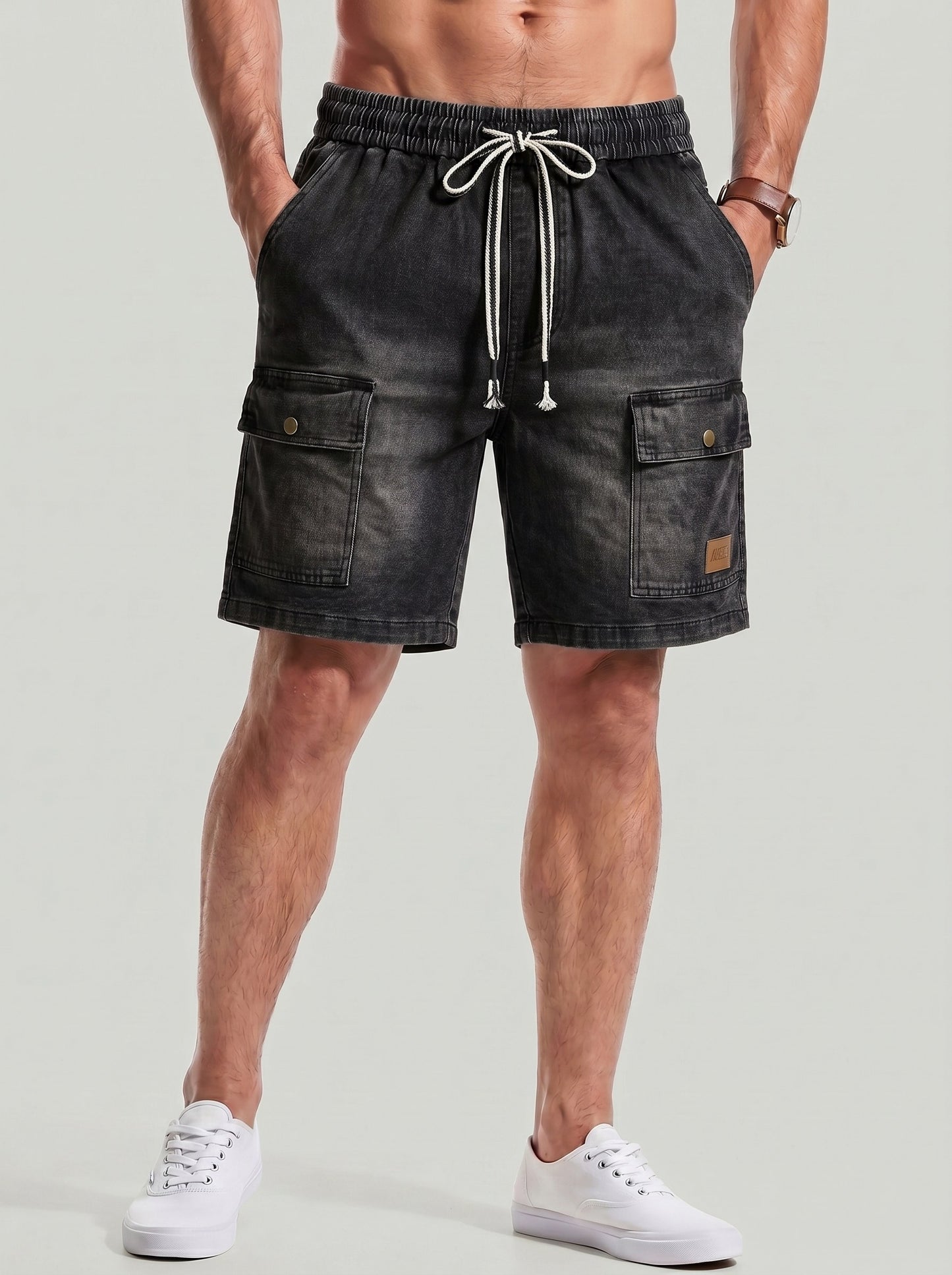 KZZ Men's Washed Denim Utility Shorts