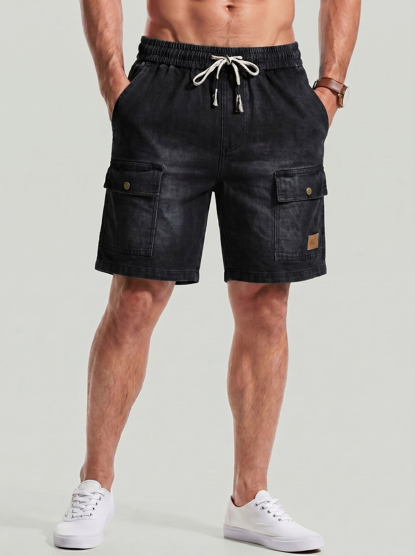 KZZ Men's Washed Denim Utility Shorts