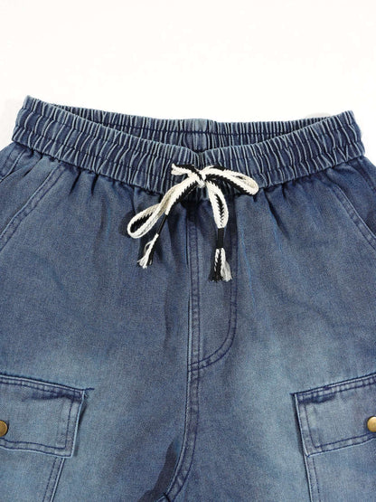 KZZ Men's Washed Denim Utility Shorts