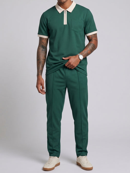 KZZ Color-block sleeve short-sleeve knit polo shirt and drawstring trousers