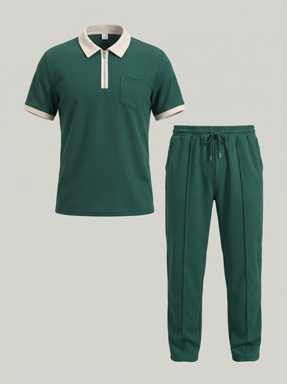 KZZ Color-block sleeve short-sleeve knit polo shirt and drawstring trousers