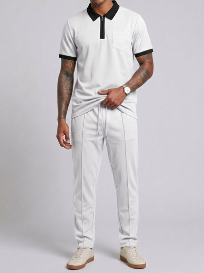 KZZ Color-block sleeve short-sleeve knit polo shirt and drawstring trousers