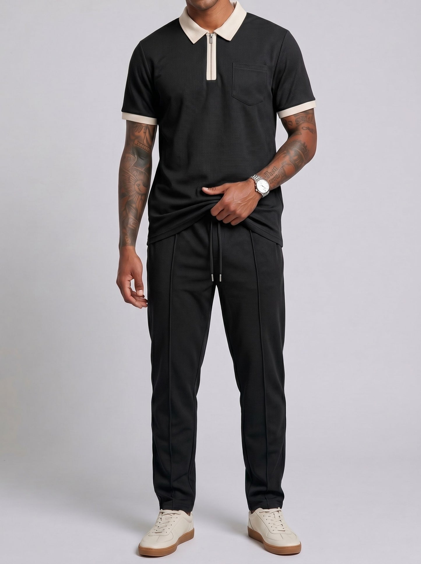 KZZ Color-block sleeve short-sleeve knit polo shirt and drawstring trousers