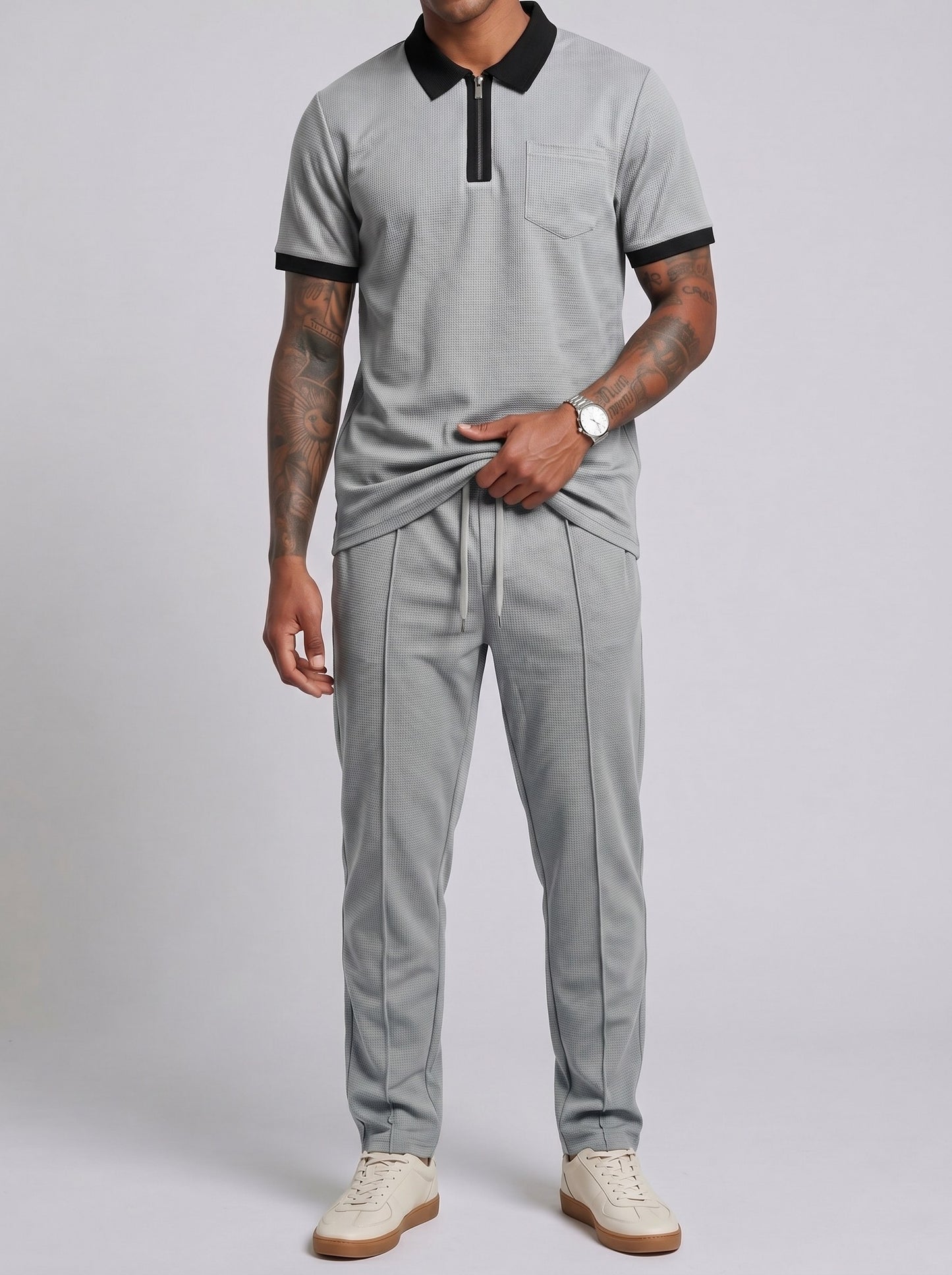 KZZ Color-block sleeve short-sleeve knit polo shirt and drawstring trousers