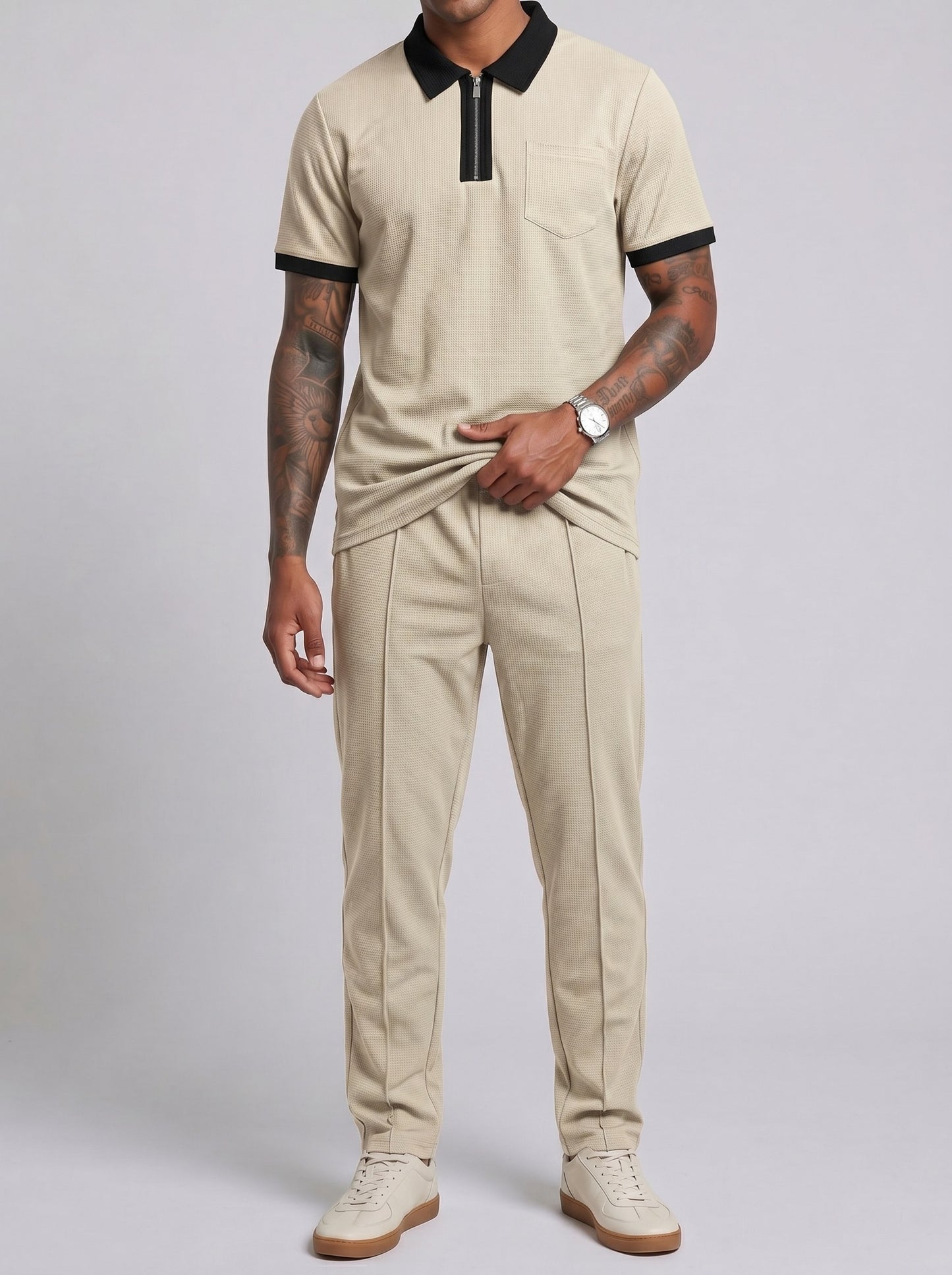 KZZ Color-block sleeve short-sleeve knit polo shirt and drawstring trousers