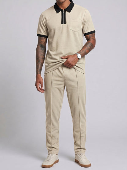 KZZ Color-block sleeve short-sleeve knit polo shirt and drawstring trousers