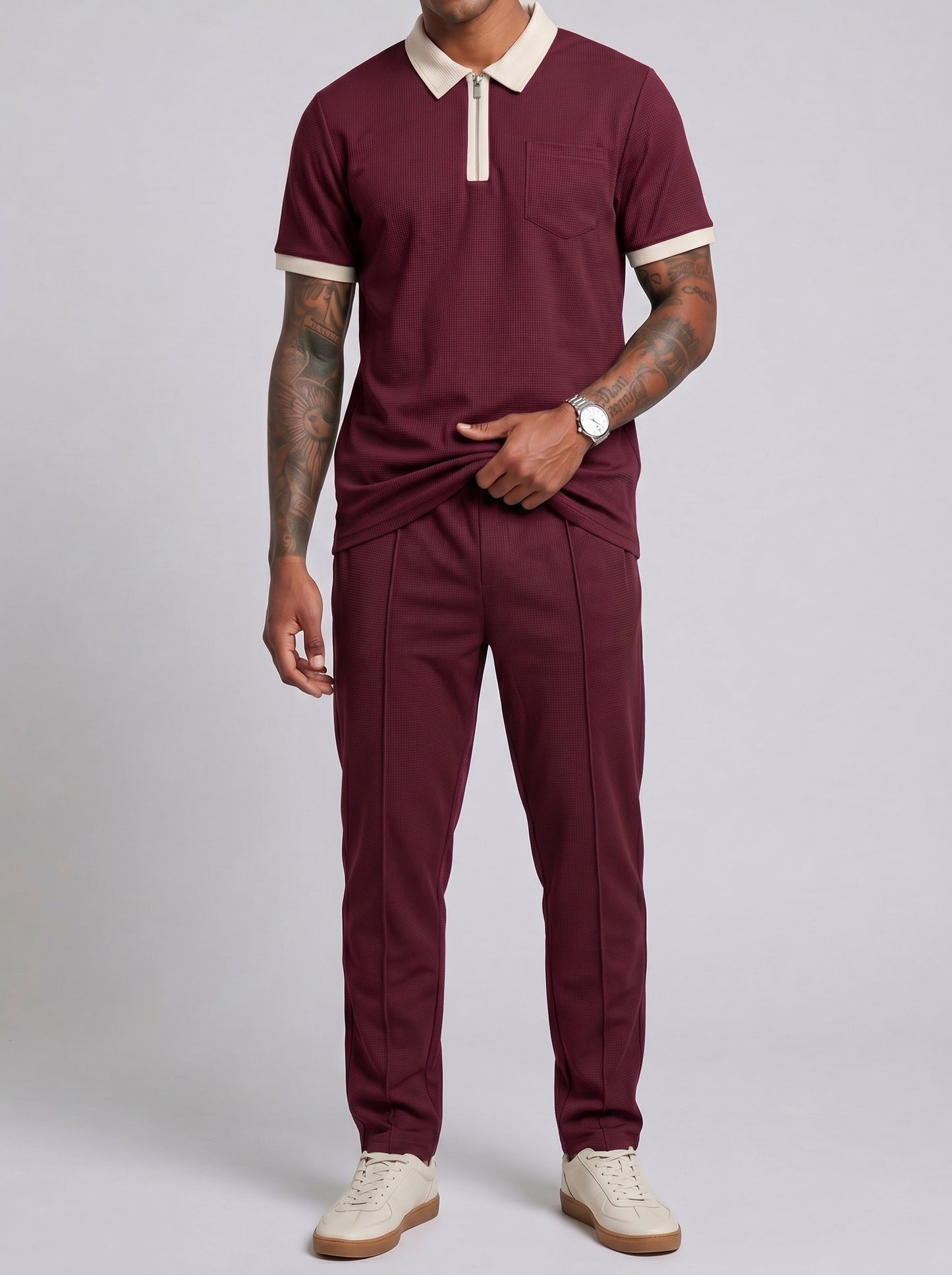 KZZ Color-block sleeve short-sleeve knit polo shirt and drawstring trousers