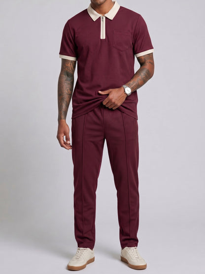 KZZ Color-block sleeve short-sleeve knit polo shirt and drawstring trousers